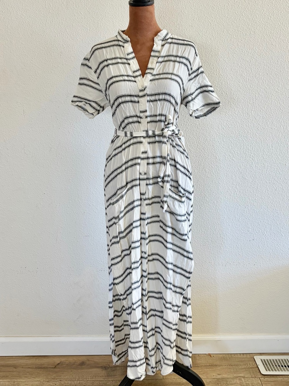 Reformation White Maxi Dress with Black Stripe Print and Tie Waist